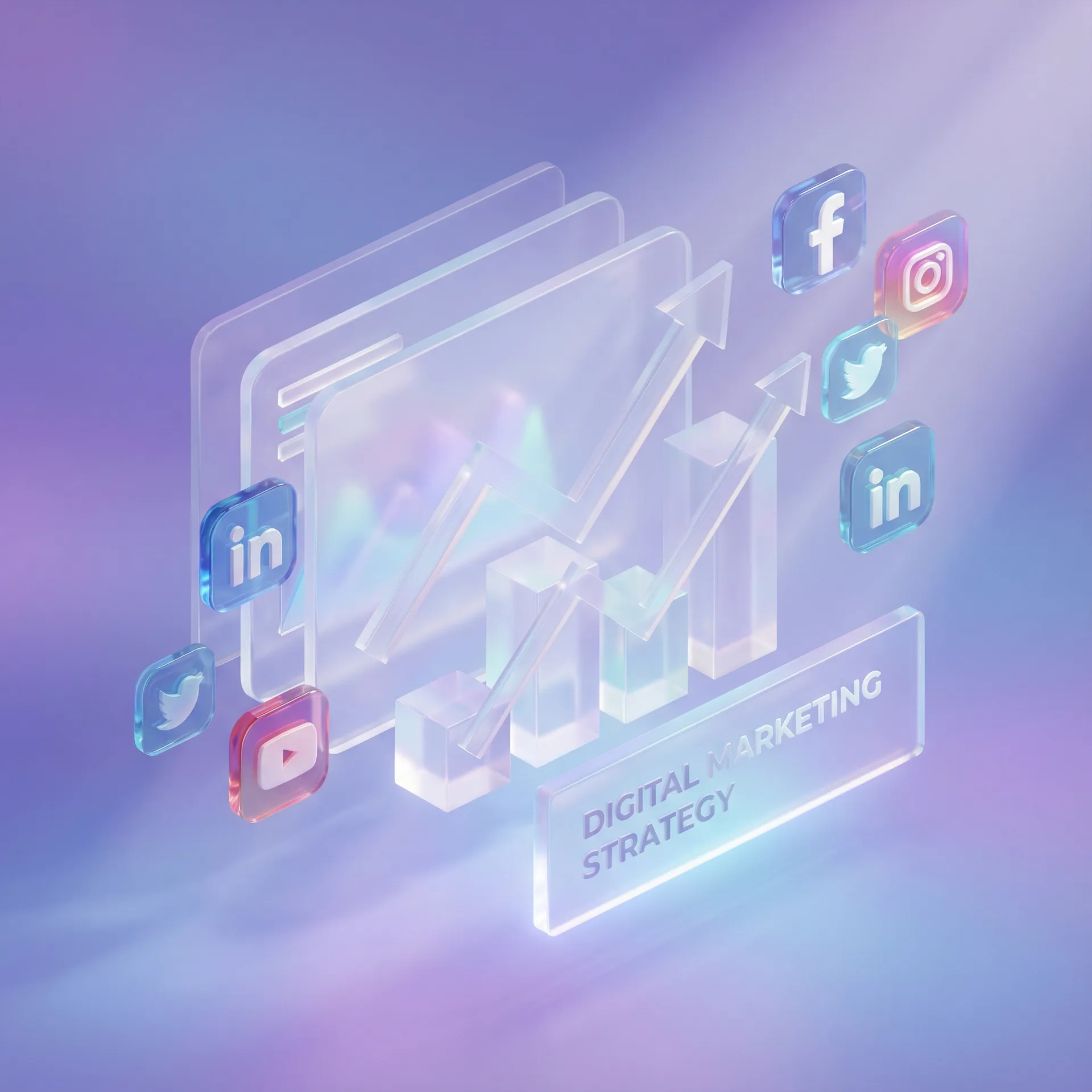 Digital marketing strategy illustration with social media icons and growth charts