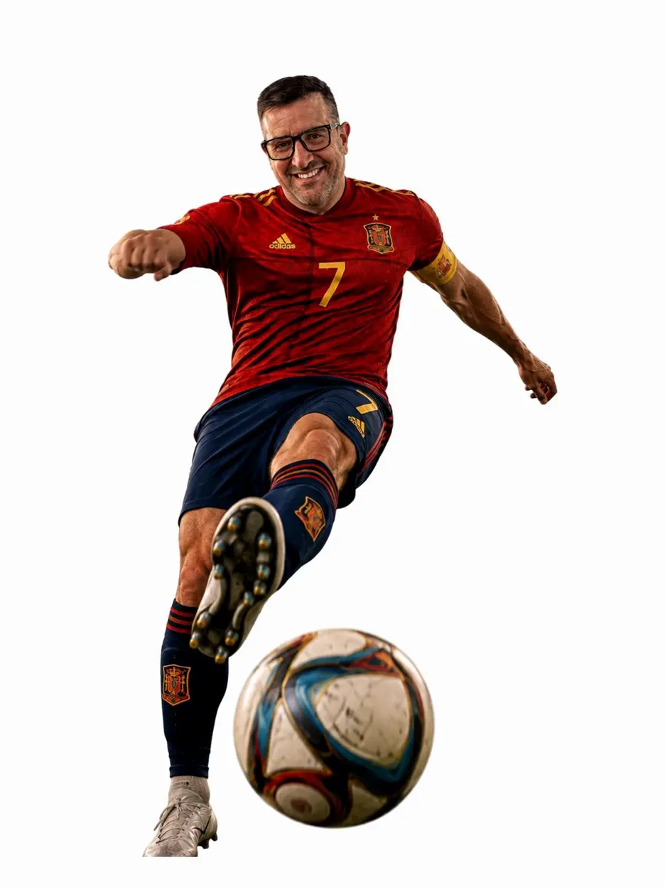 Relevant Audience founder in a Spain shirt striking a football